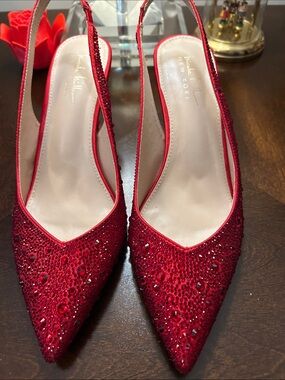 Nicole Miller Red Crystal Embellished Slingback Pumps